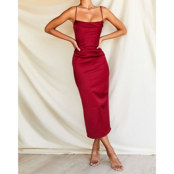 House of CB Dresses & Skirts - House of CB Anja Wine Satin Corset Midi Dress
